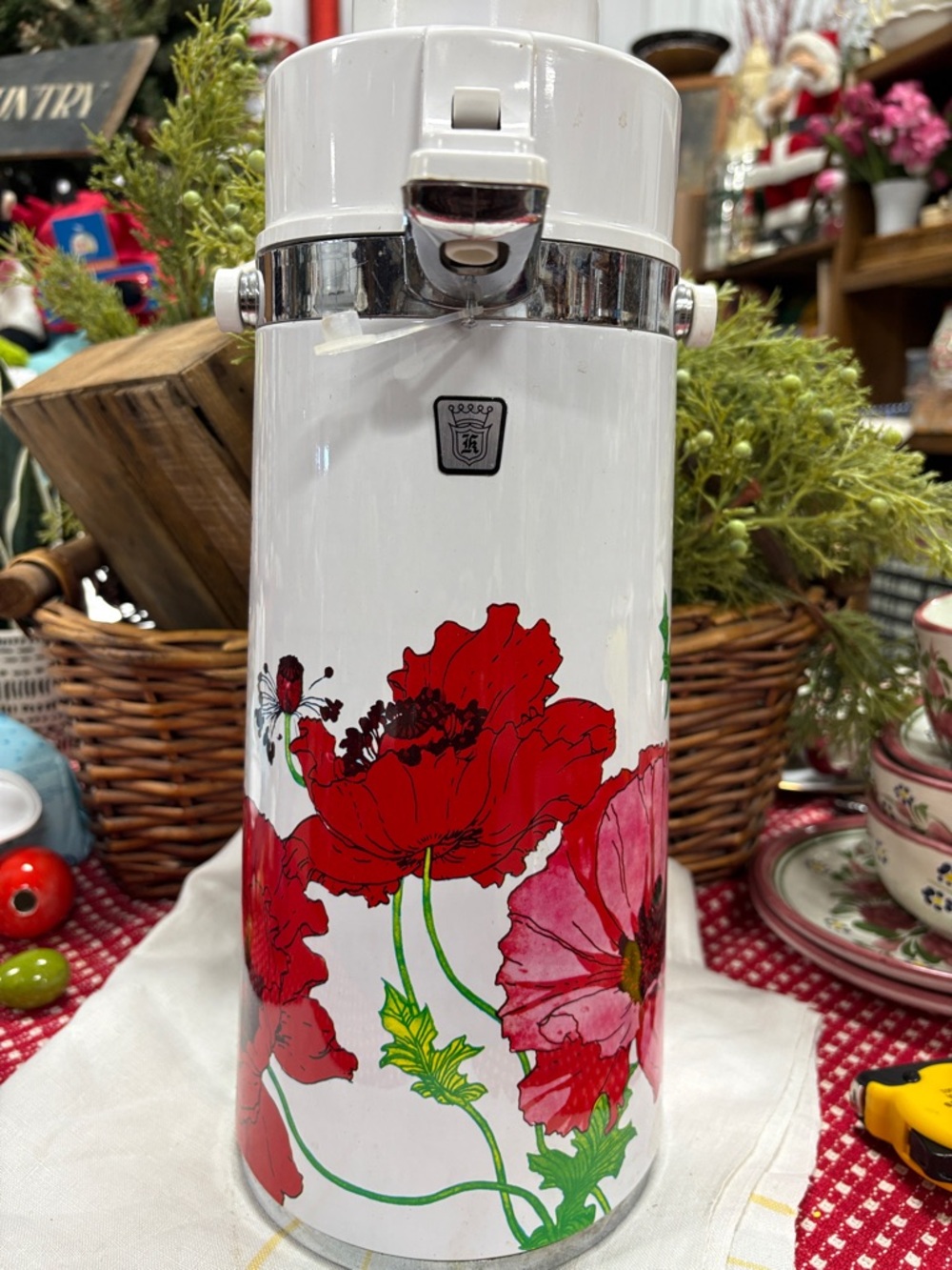 Vintage 1970s Red Floral Airpot Coffee Hot Cold Drink Pumper Dispenser